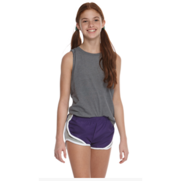 Inspired by a classic runnin silhouette, this short has contrast mesh inserts, is made of a woven polyester microfiber, and features a 100% polyester crepe liner for added modesty. 
2.2 oz polyester microfiber
100 % polyester crepe liner
Contrast mesh inserts
Covered elastic waistband
Low-rise fit
Juniors: 3.25" inseam
Girls: 2.5" inseam