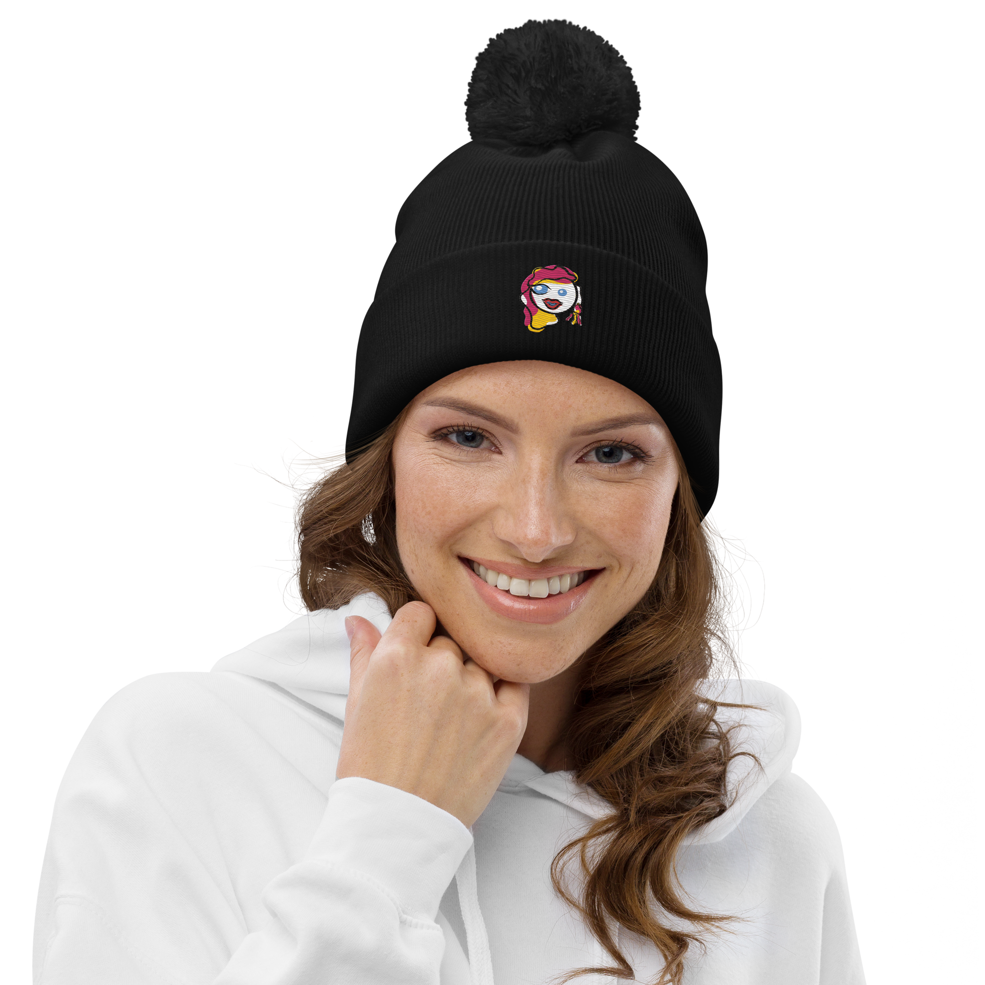 Pom pom embroidered beanie