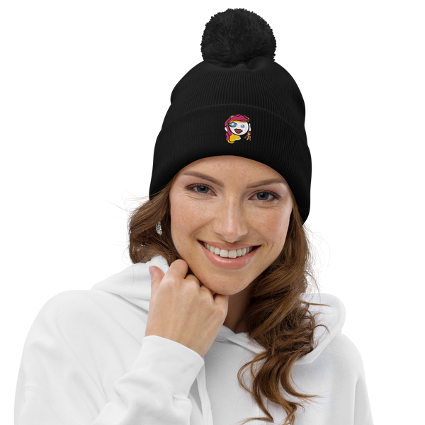 Pom pom embroidered beanie