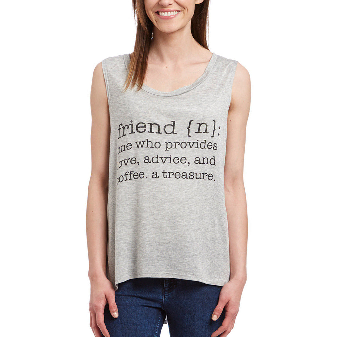 Junior Womens High Low Sleeveless Graphic Top-Friend