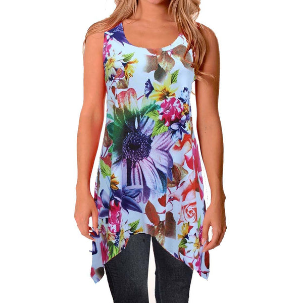 Missy Womens sleeveless scoop neck sharkbite top in very soft Polyester spandex fabric.Made in USA