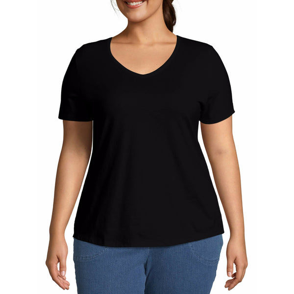 100% Cotton
Imported
Machine Wash
Solid T-shirt with V-neckline, short sleeves, and tagless neck label
NOTE: For roomier fit, go up one size.
29-inch length streamlines your silhouette.
Machine wash, cold. Tumble dry, low. Cool iron