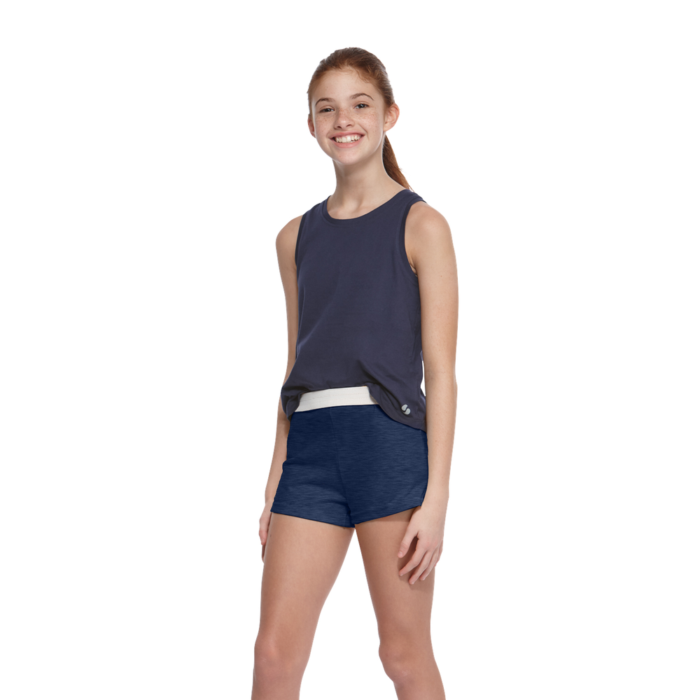 Customize a look that will never go out of style in the shorts . Favorite elastic waistband up or rolled down.Regular rise,Girl Fit.7Oz 50/50 Cotton/poly Jersey.1.25" Exp[osed Elastic waistBand V notch legs with 3 inch inseam.Sizes Waist XS(5/6)-22'' S(7)-23" M(8/10)-23.5-24" L912/140-25-26 XL-27"