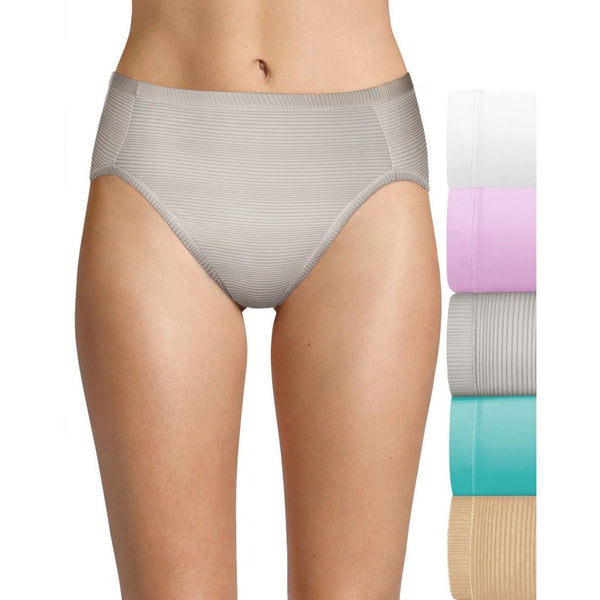 43% Nylon, 43% Polyester, 14% Spandex
High and flattering hi-cut leg with full coverage back.
No ride up leg bands.
Leg and waistband wont pinch or bind and look seamless under clothes.
Tag-free for itch-free comfort.
Available in a convenient 4-pack.