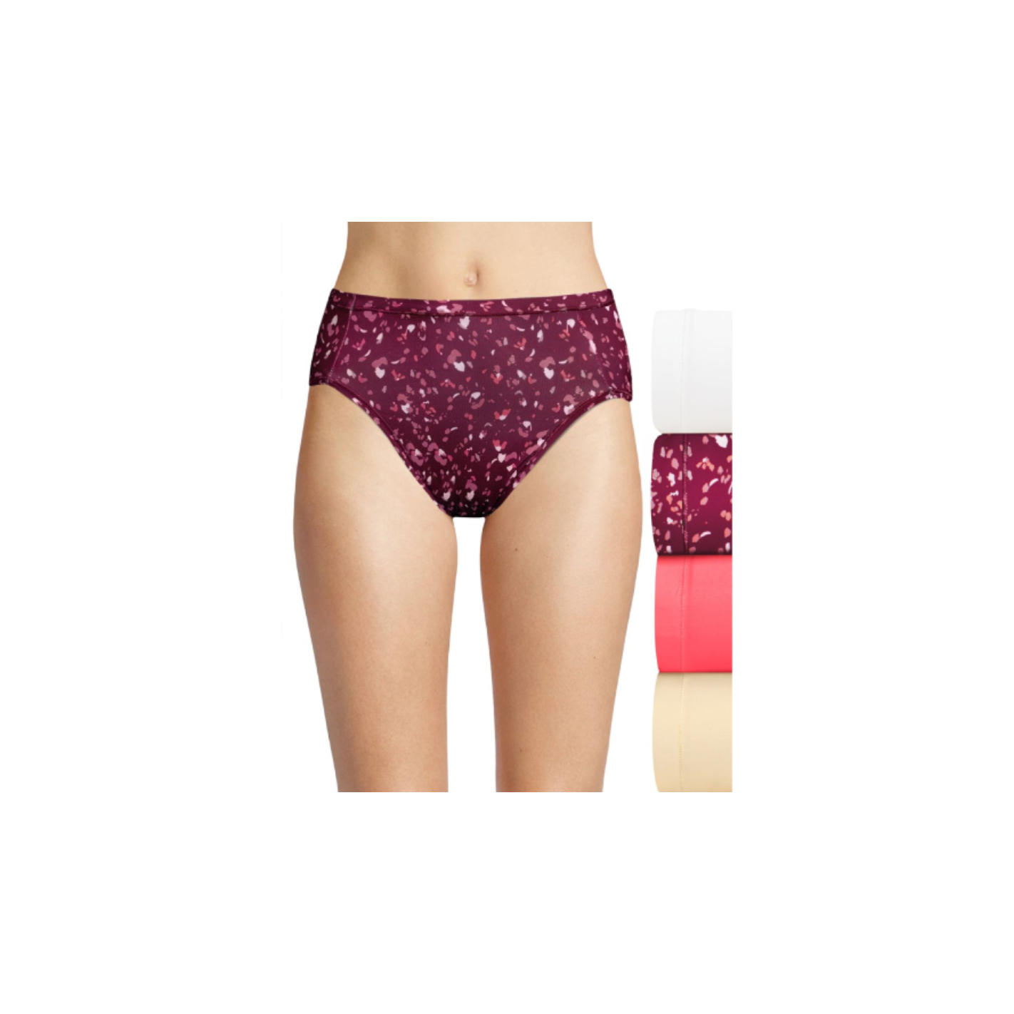 43% Nylon, 43% Polyester, 14% Spandex
High and flattering hi-cut leg with full coverage back.
No ride up leg bands.
Leg and waistband wont pinch or bind and look seamless under clothes.
Tag-free for itch-free comfort.
Available in a convenient 4-pack.