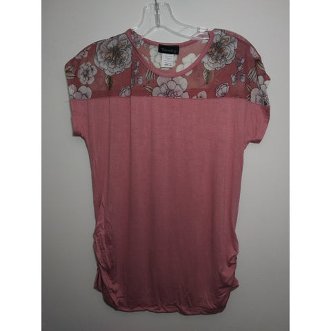 Printed floral mesh yoke side ruched top coral  ..Made in USA