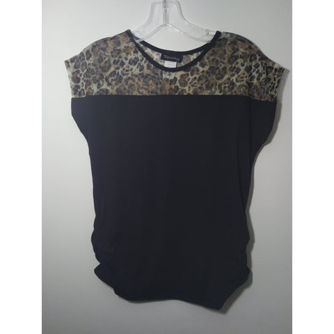 Printed animal mesh yoke side ruched top ..Made in USA