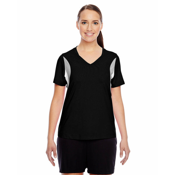 5.3 oz., 91% polyester, 9% spandex body ; 4.7 oz., 91% polyester, 9% spandex pointelle mesh side panels in Sport Silver; moisture-wicking and anti-microbial; cationic dyes to ensure superior brightness and excellent color fastness; athletic fit; sewn in shoulder tape; double-needle stitching at hems; self-fabric rounded V-neckline - See more at: https://www.nyfifth.com/team-365-tt10w-ladies-short-sleeve-v-neck-all-sport-jersey-p-35551.html#sthash.kUZSdMfF.dpuf