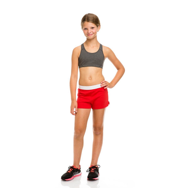 Customize a look that will never go out of style in the shorts . Favorite elastic waistband up or rolled down.Regular rise,Girl Fit.7Oz 50/50 Cotton/poly Jersey.1.25" Exp[osed Elastic waistBand V notch legs with 3 inch inseam.Sizes Waist XS(5/6)-22'' S(7)-23" M(8/10)-23.5-24" L912/140-25-26 XL-27"