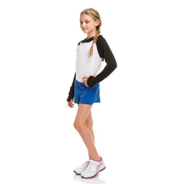 Customize a look that will never go out of style in the shorts . Favorite elastic waistband up or rolled down.Regular rise,Girl Fit.7Oz 50/50 Cotton/poly Jersey.1.25" Exp[osed Elastic waistBand V notch legs with 3 inch inseam.Sizes Waist XS(5/6)-22'' S(7)-23" M(8/10)-23.5-24" L912/140-25-26 XL-27"