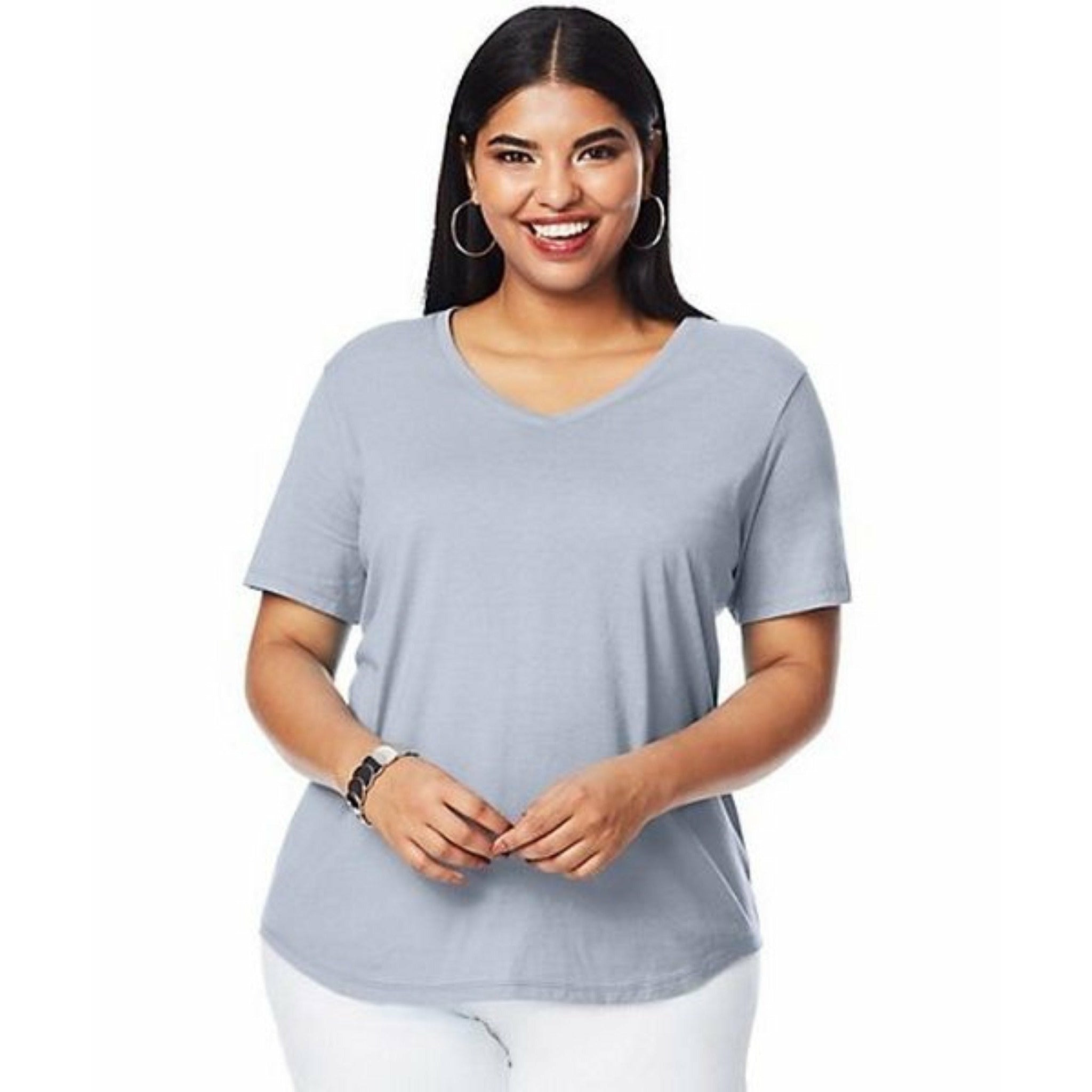 100% Cotton
Imported
Machine Wash
Solid T-shirt with V-neckline, short sleeves, and tagless neck label
NOTE: For roomier fit, go up one size.
29-inch length streamlines your silhouette.
Machine wash, cold. Tumble dry, low. Cool iron