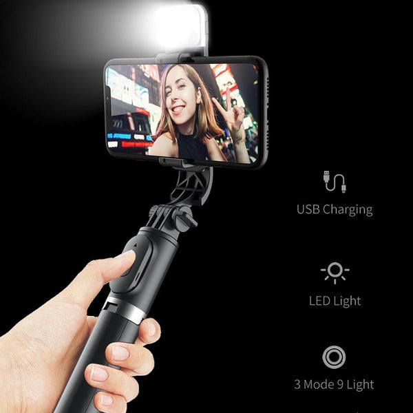 Wireless bluetooth selfie stick foldable mini tripod with fill light shutter remote control for IOS Android