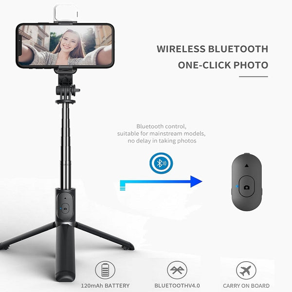 Wireless bluetooth selfie stick foldable mini tripod with fill light shutter remote control for IOS Android