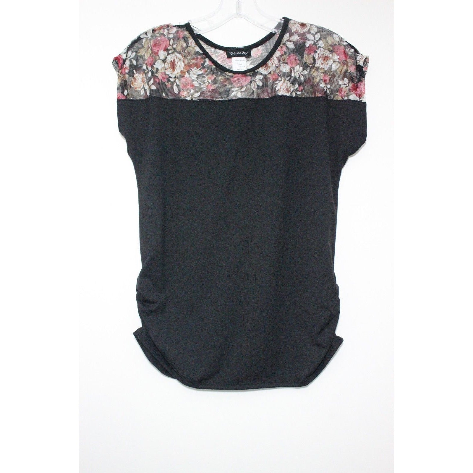 Printed floral mesh yoke side ruched top ..Made in USA