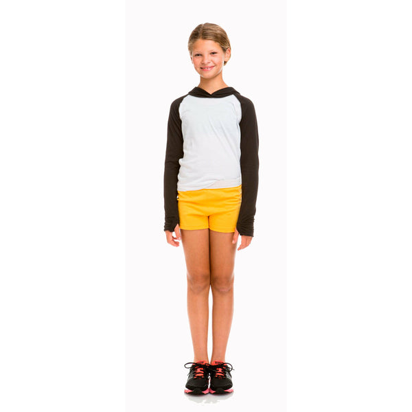 Customize a look that will never go out of style in the shorts . Favorite elastic waistband up or rolled down.Regular rise,Girl Fit.7Oz 50/50 Cotton/poly Jersey.1.25" Exp[osed Elastic waistBand V notch legs with 3 inch inseam.Sizes Waist XS(5/6)-22'' S(7)-23" M(8/10)-23.5-24" L912/140-25-26 XL-27"