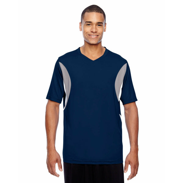 ersey,Polyester,Spandex,Mesh
5.3 oz., 91% polyester, 9% spandex body
4.7 oz., 91% polyester, 9% spandex pointelle mesh side panels in Sport Silver
moisture-wicking and
cationic dyes to ensure superior brightness and excellent color fastness
athletic fit