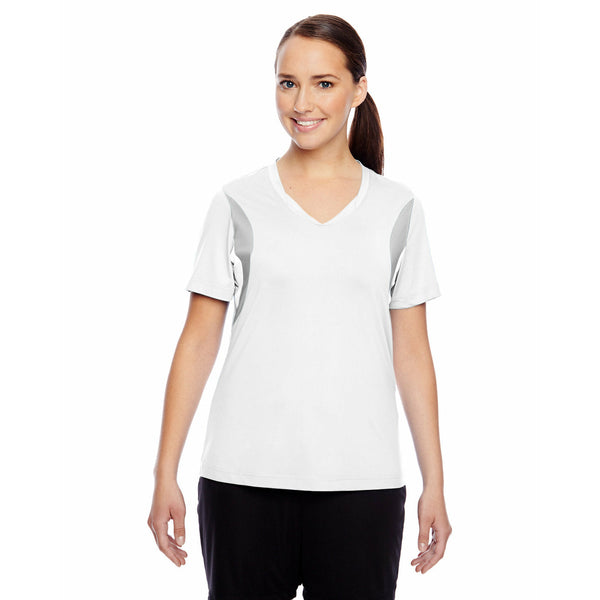 5.3 oz., 91% polyester, 9% spandex body ; 4.7 oz., 91% polyester, 9% spandex pointelle mesh side panels in Sport Silver; moisture-wicking and anti-microbial; cationic dyes to ensure superior brightness and excellent color fastness; athletic fit; sewn in shoulder tape; double-needle stitching at hems; self-fabric rounded V-neckline - See more at: https://www.nyfifth.com/team-365-tt10w-ladies-short-sleeve-v-neck-all-sport-jersey-p-35551.html#sthash.kUZSdMfF.dpuf