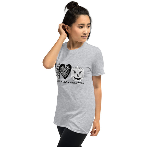 Womens Halloween graphic Tee-Love Peace Halloween